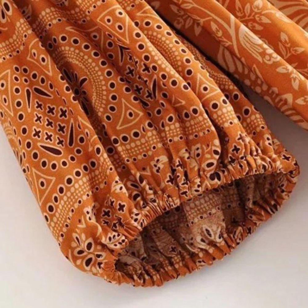 Bohemian Gypsy Print Ruffle Floral Dress Orange - Picture 9 of 13